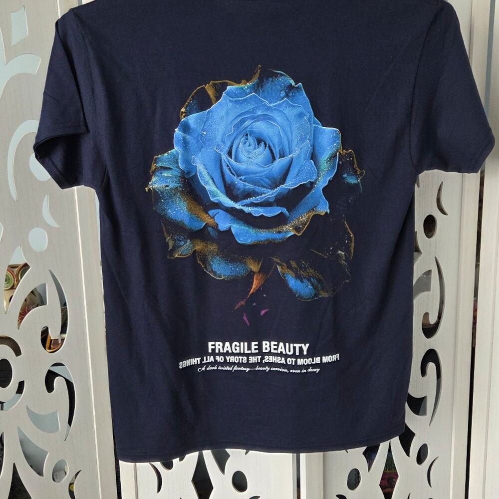 NovaMEN Fragile Beauty Blue Rose Graphic T Shirt Men's Large 100% Cotton NWOT